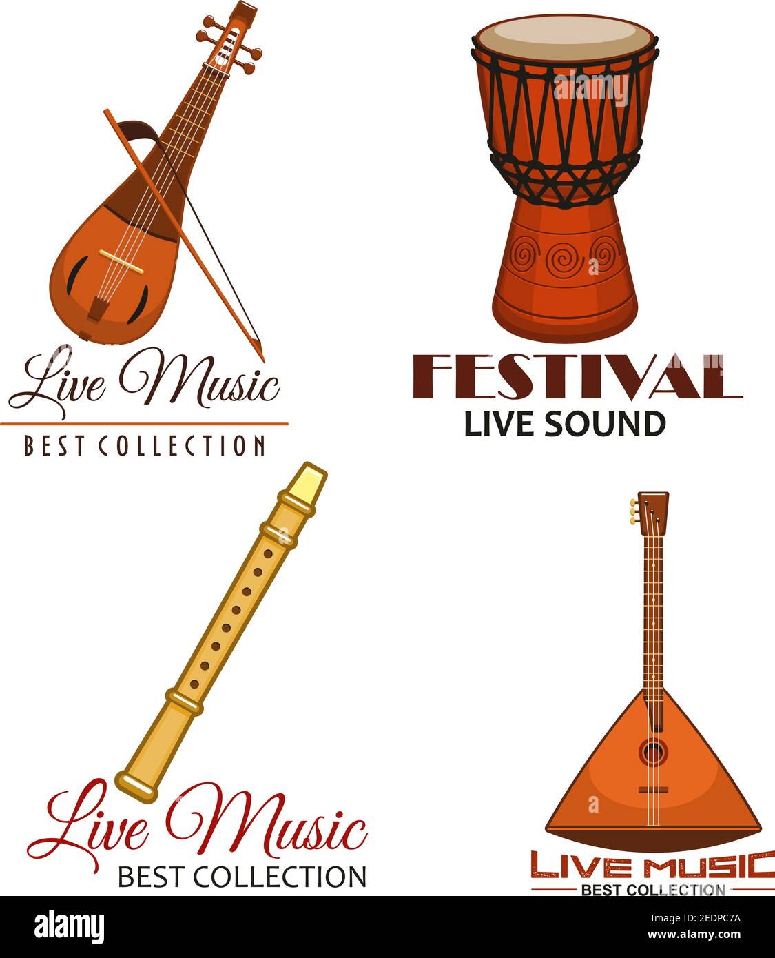 Iconos del festival de música o emblemas vectoriales de concierto en vivo. Instrumentos  musicales balalaika, flauta o cañería de caña, djembe o jembe gobet tambor,  lute y biwa Imagen Vector de stock -