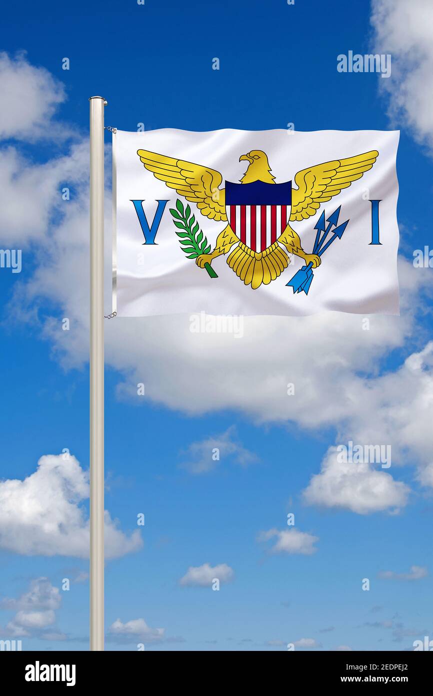 Bandera de las Islas Vírgenes contra el cielo azul nublado, Islas Vírgenes Foto de stock