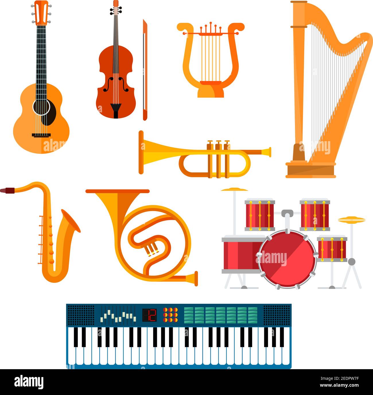 Iconos de guitarra, piano sintetizador vector de estación de batería. Cuerda, viento e instrumentos musicales clave de arpa aislada, saxofón o saxofón, trombón o ntro Imagen Vector de stock - Alamy