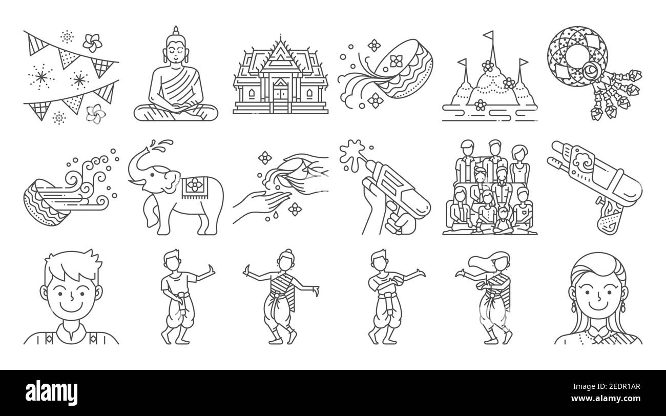 Songkran tailandia festival conjunto de iconos lineales. Día festivo con salpicaduras de agua tailandesa. Ilustración del Vector