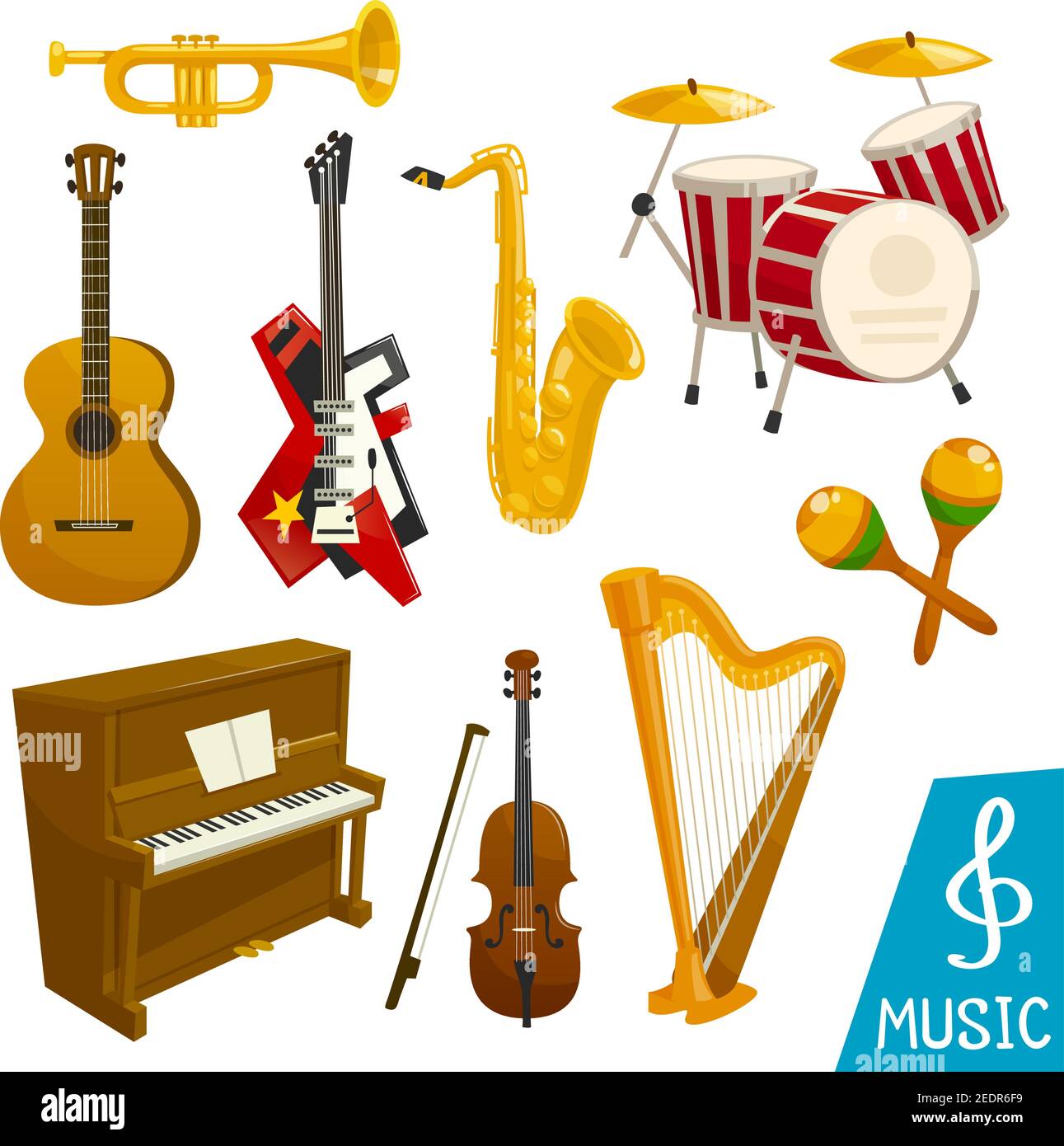 Guitarra, piano y vector saxofón iconos de instrumentos musicales aislados.  Juego de arpa y saxo, estación de batería y címbalos o maracas, violín de  violín y trompo Imagen Vector de stock -