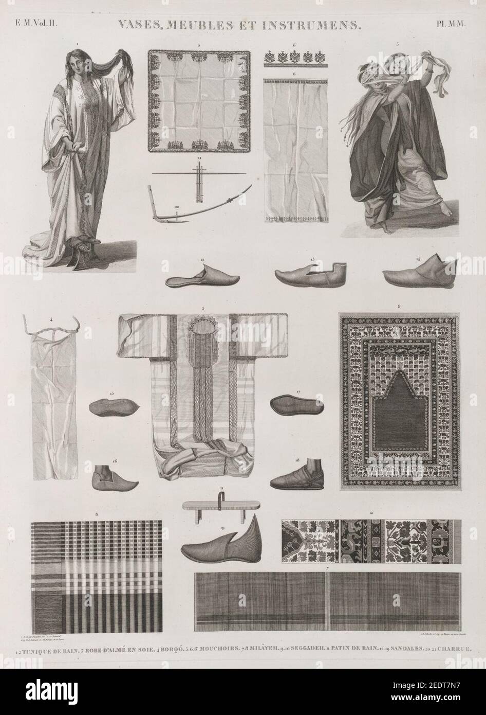 Jarrones, meubles e instrumentos. 1.2. Tunique de bain; 3. Robe d'almé en  soie; 4. Borqó; 5.6. Mouchoirs; 7.8. Milâyeh; 9.10. Seggadeh; 11. Patuin de  bain; 12-19. Sandales; 20.21. Charrue Fotografía de stock - Alamy