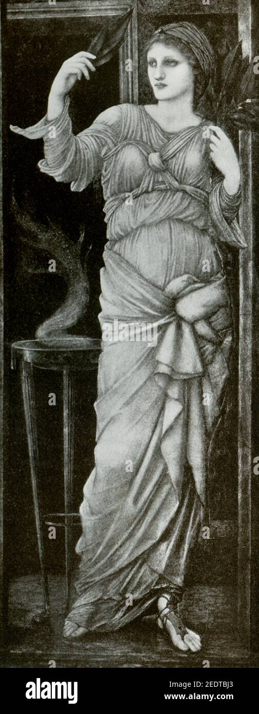 Sibylla Delphica por Sir Edward Burne-Jones. Sibylla Delphica por Sir Edward Burne-Jones. Sir Edward Coley Burne-Jones' la pintura de la mitología griega Sybilla Delphica fue pintada en 1868. Es un retrato femenino, como muchas de las pinturas de Sir Edward Coley Burne-Jones. Este está situado en la antigua Grecia. Presenta la figura de una sacerdotisa de color naranja que discierne sus lecturas de hojas de laurel. Un altar de trípode se quema detrás de ella, a la izquierda, el humo de incienso se eleva. El Sibil Delfo era una mujer de antes de las guerras de Troya (c. Siglo 11 a. C.) mencionado por Pausanias escribiendo en el siglo 2 d. Foto de stock
