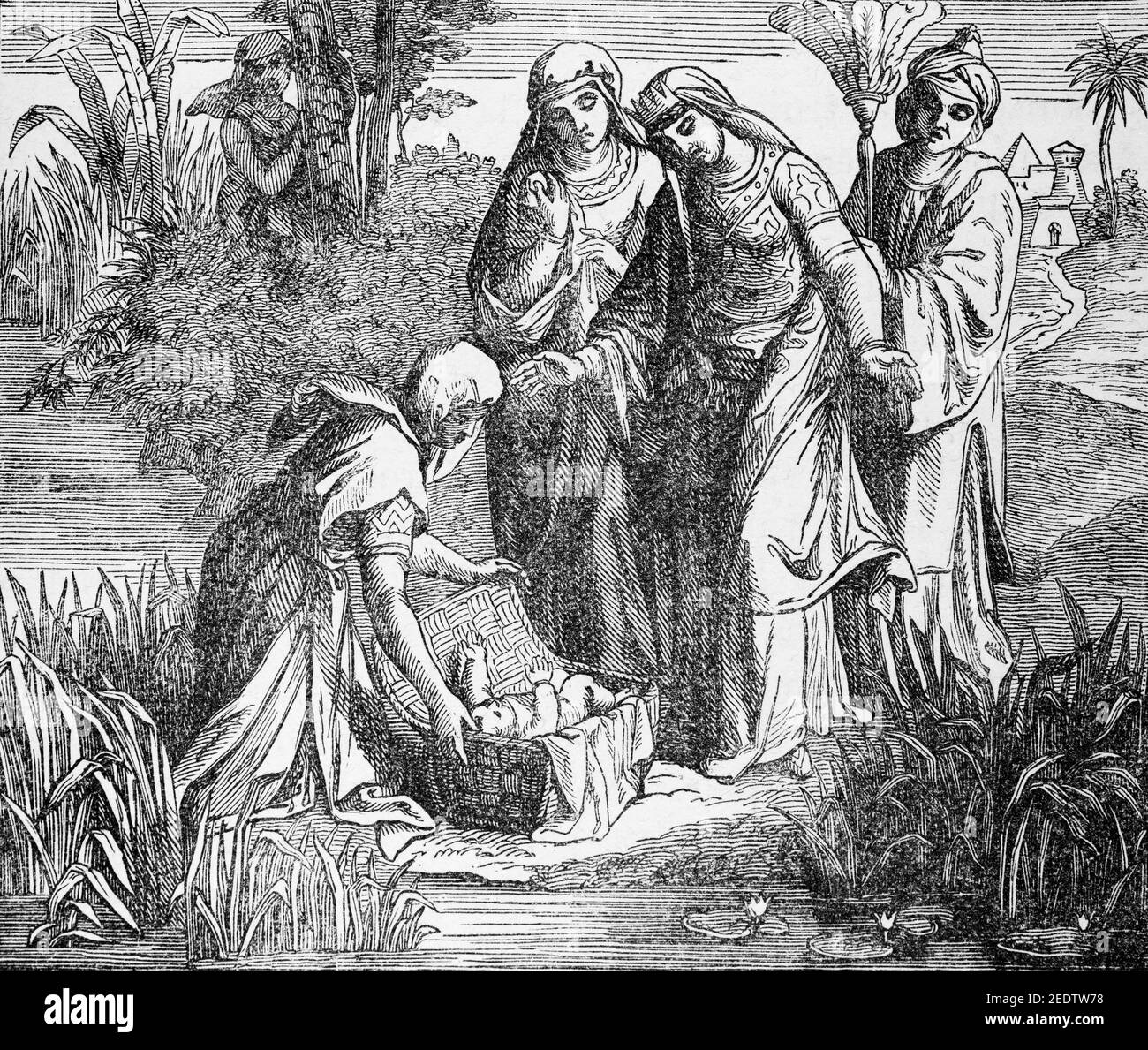 Nacimiento de Moisés, Antiguo Testamnet, histoire bíblico de L´Antiguo Testamento, Friburgo, 1891 Foto de stock