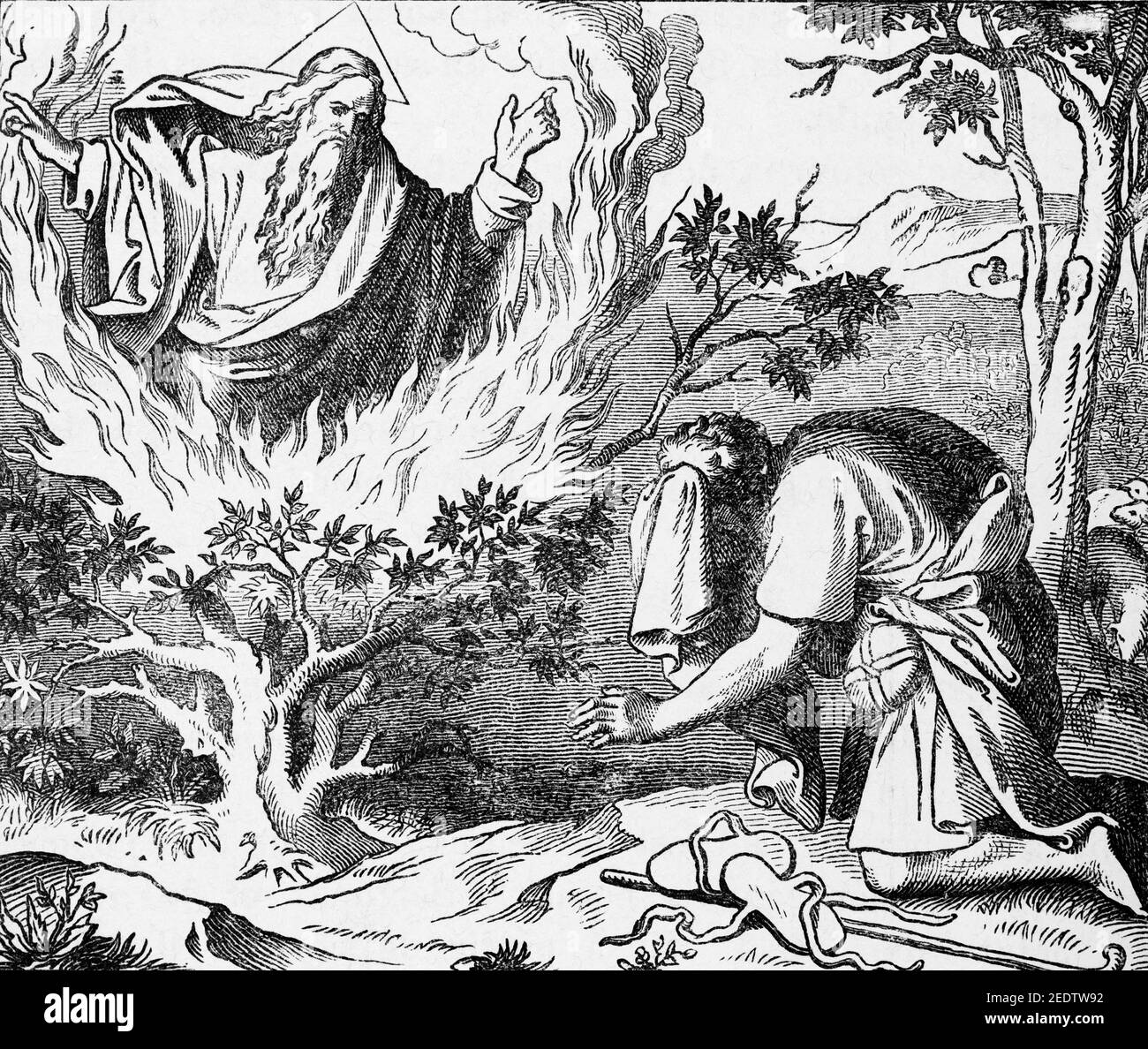 La zarza ardiente, Antiguo Testamnet, histoire bíblico de L´Antiguo Testamento, Friburgo, 1891 Foto de stock