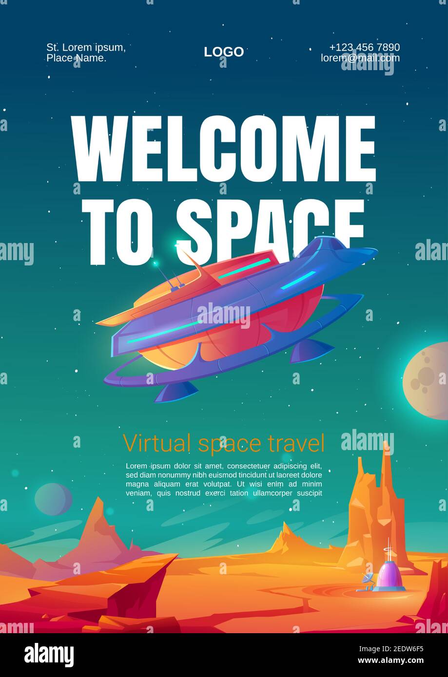 Folleto de viajes al espacio virtual. Tecnologías VR, realidad aumentada con planetas alienígenas y espacio exterior. Póster vectorial con dibujos animados de la superficie de Marte con base de colonias y nave espacial Ilustración del Vector