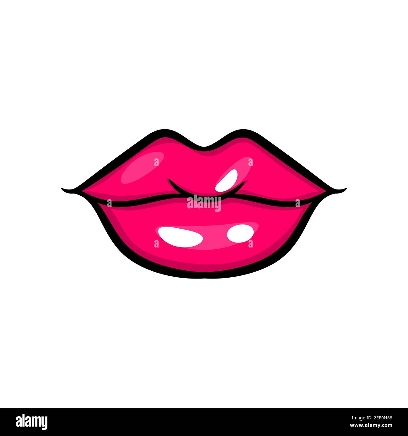 Mujer roja rosa sonrisa labios en estilo pop art aislado sobre fondo blanco. Dibujos animados niña hacer ilustración vectorial. Sexy pop arte labios etiqueta con. VIN Ilustración del Vector