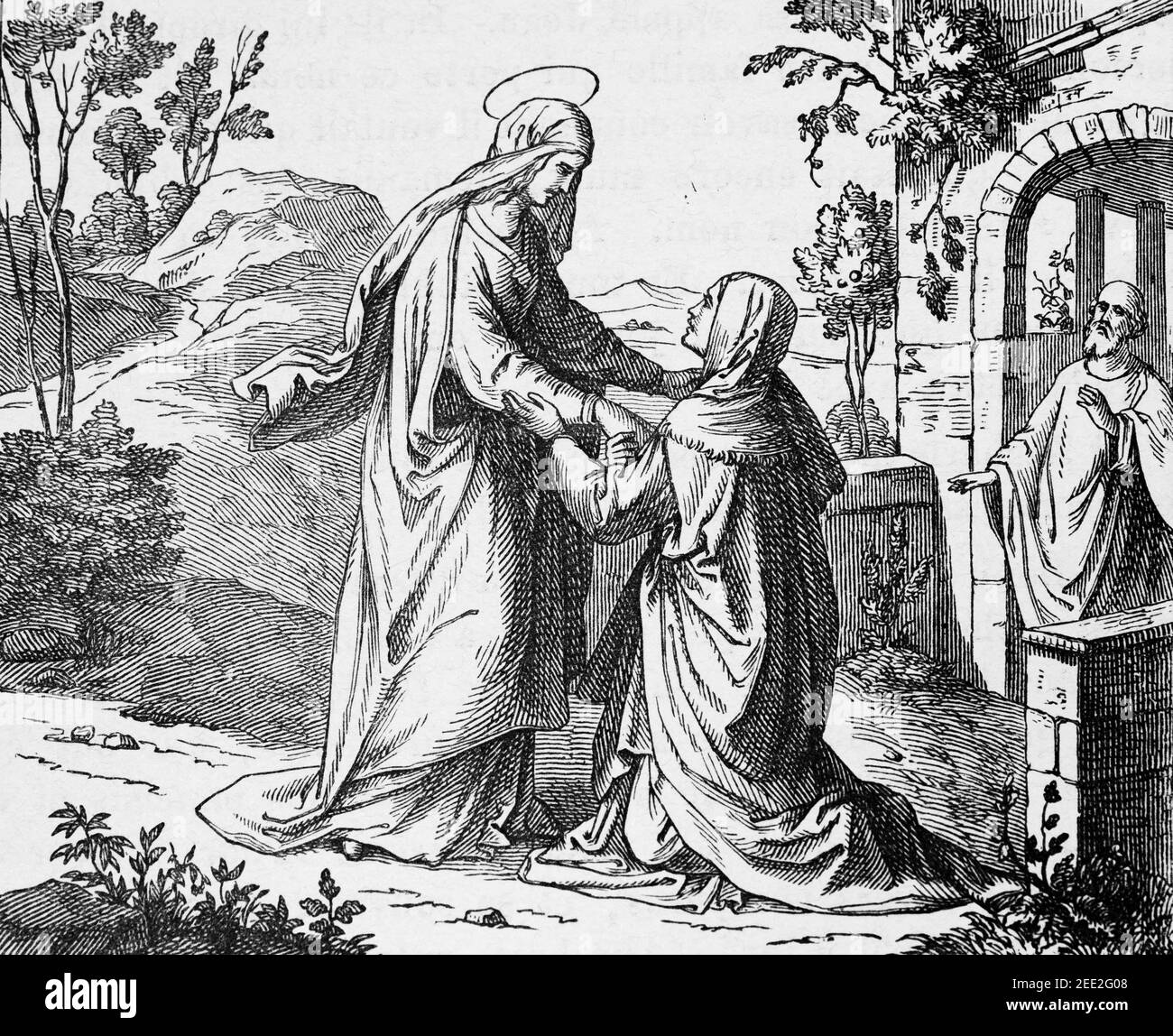 Una visita de María, escena del Nuevo Testamento, Histoire Bibique de L´Ancien Testament, Foto de stock