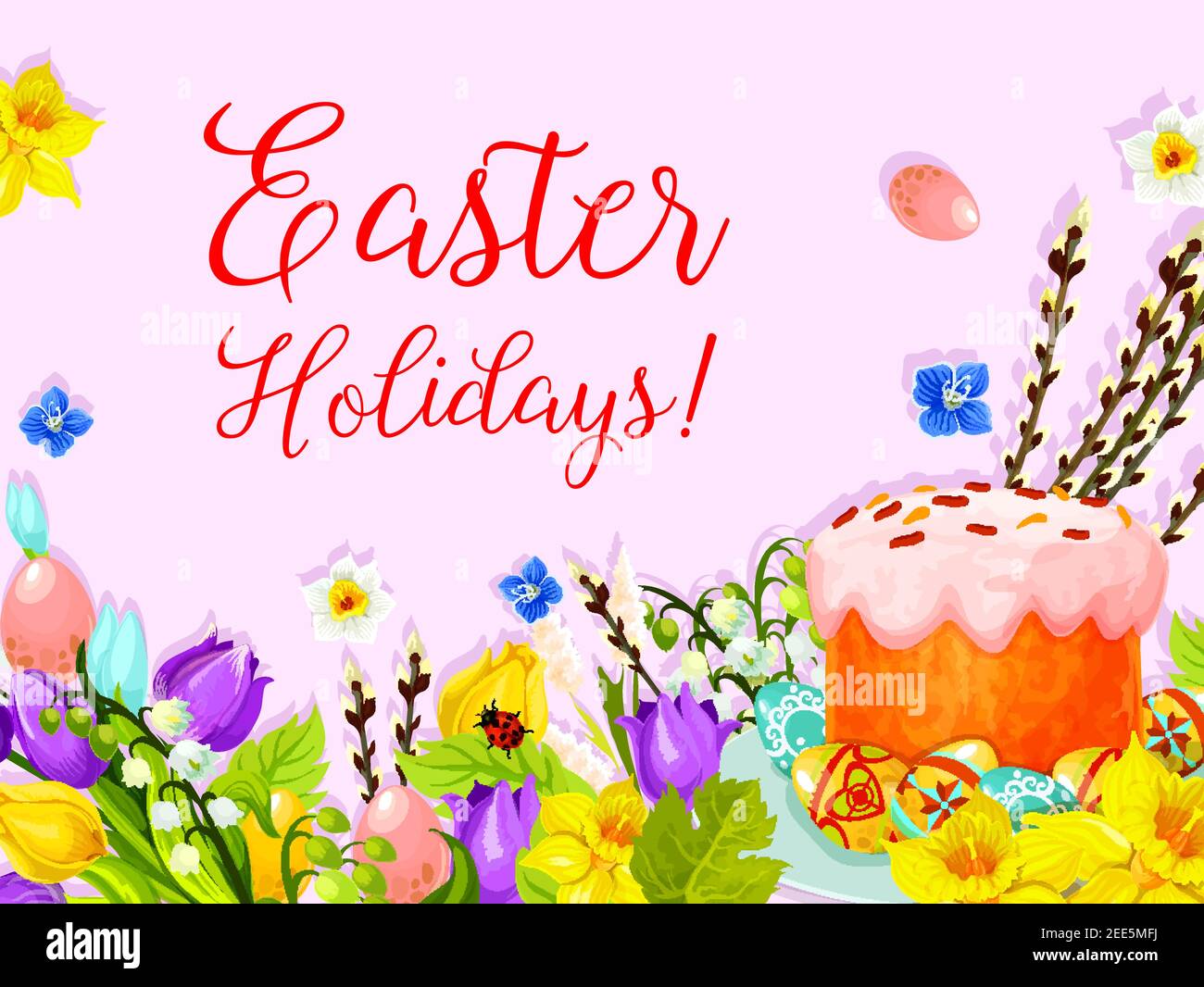 Feliz diseño de tarjeta de felicitación de Pascua. Huevos pascual y pastel para la caza de Pascua. Vector primavera flores manojo de sauces interruptores, tulipanes, gotas de nieve y bu Ilustración del Vector