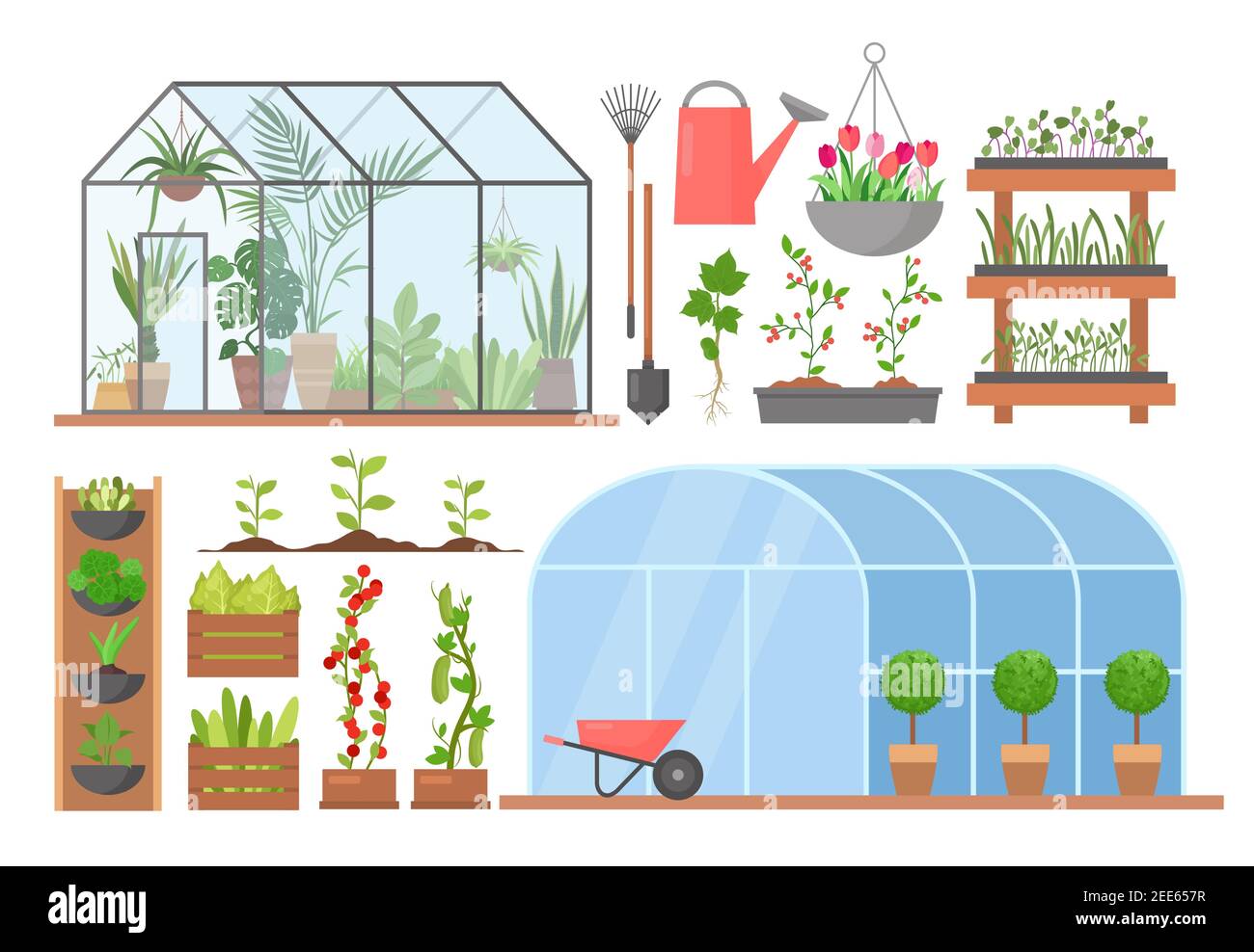 Invernadero flor planta vegetal cultivo conjunto, dibujos animados