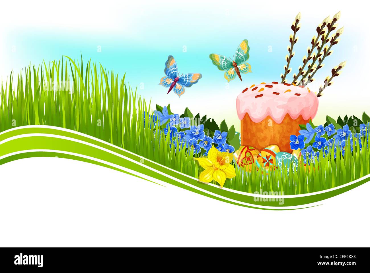 Tarta de Pascua y banner de saludo de huevo. Huevo de Pascua pintado y pan dulce en prado verde de hierba con flores de narciso y Forget-me-not, ramita de sauce Ilustración del Vector