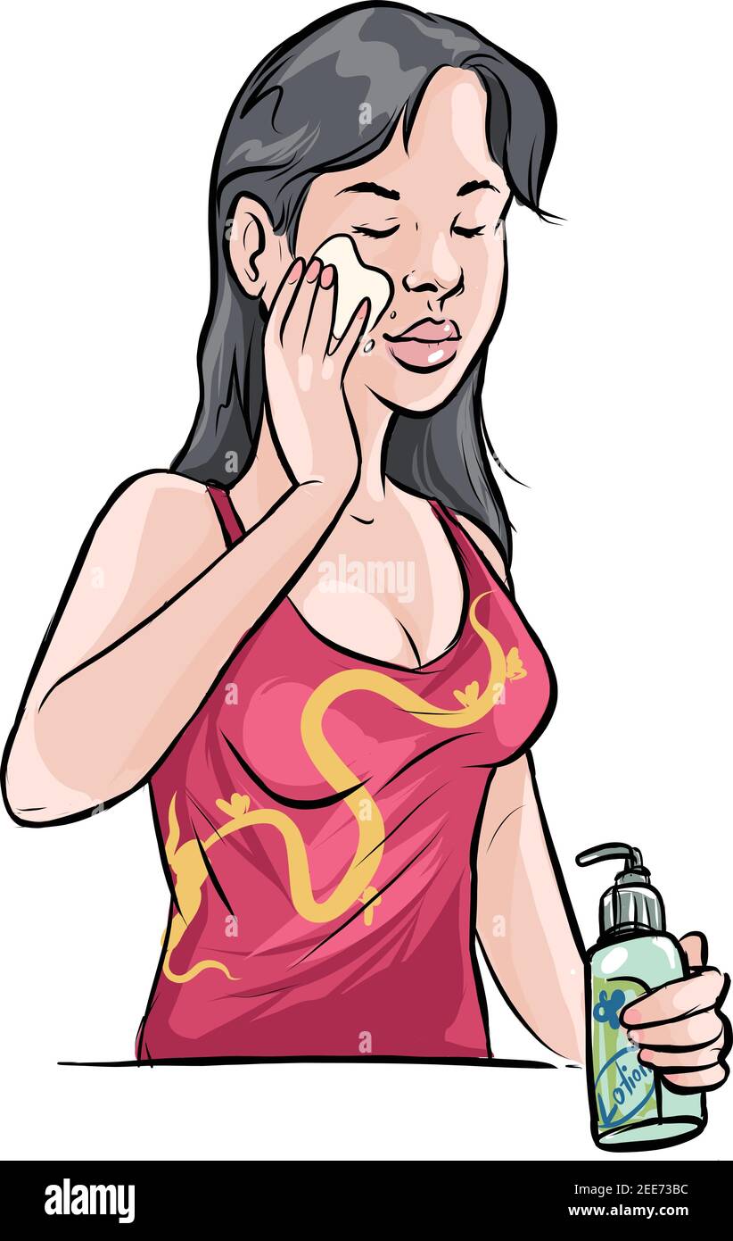 Ilustración vectorial de mujer joven con agente hidratante sobre ella cara Ilustración del Vector