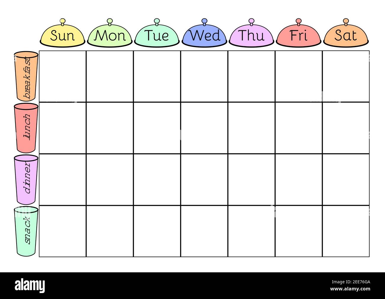 Menú semanal A4 plantilla de planificador imprimible. Horario de comidas en blanco con platos y vasos. Calendario vectorial semanal sin fecha. Ilustración del Vector