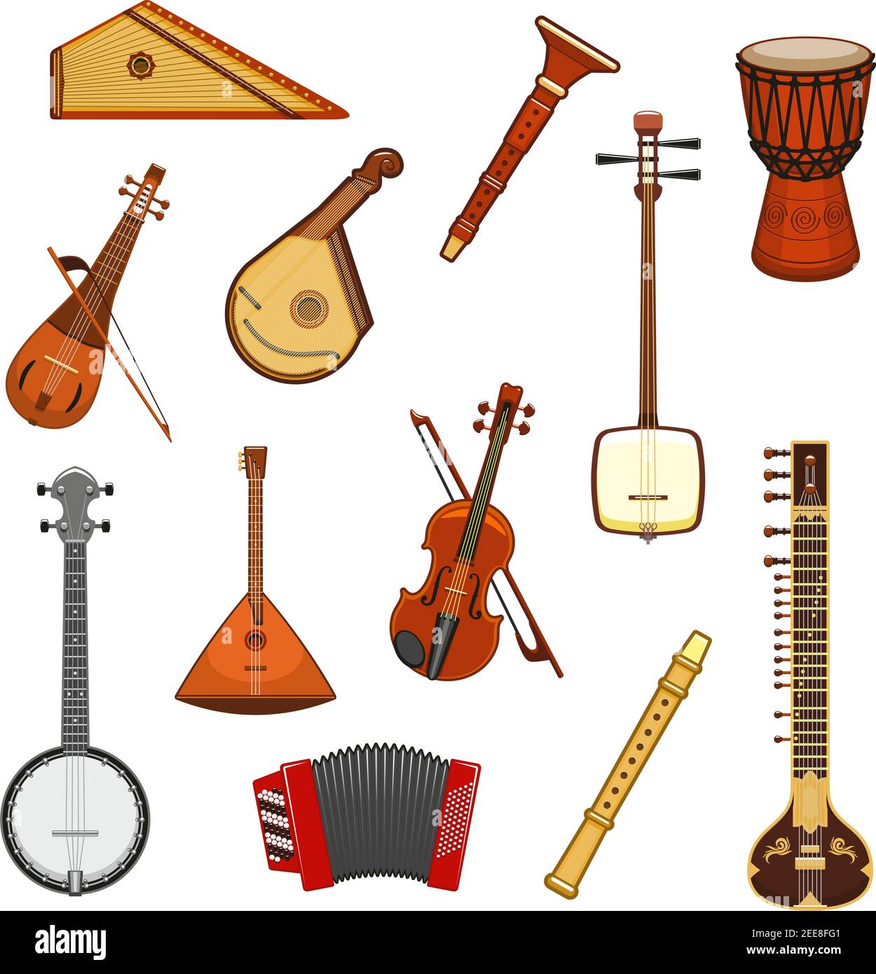 Instrumento musical conjunto de iconos aislados de instrumentos musicales  clásicos y étnicos. Violín, mandolina, banjo, tambor djembe, balalaika,  sitar, flauta, acordeón Imagen Vector de stock - Alamy