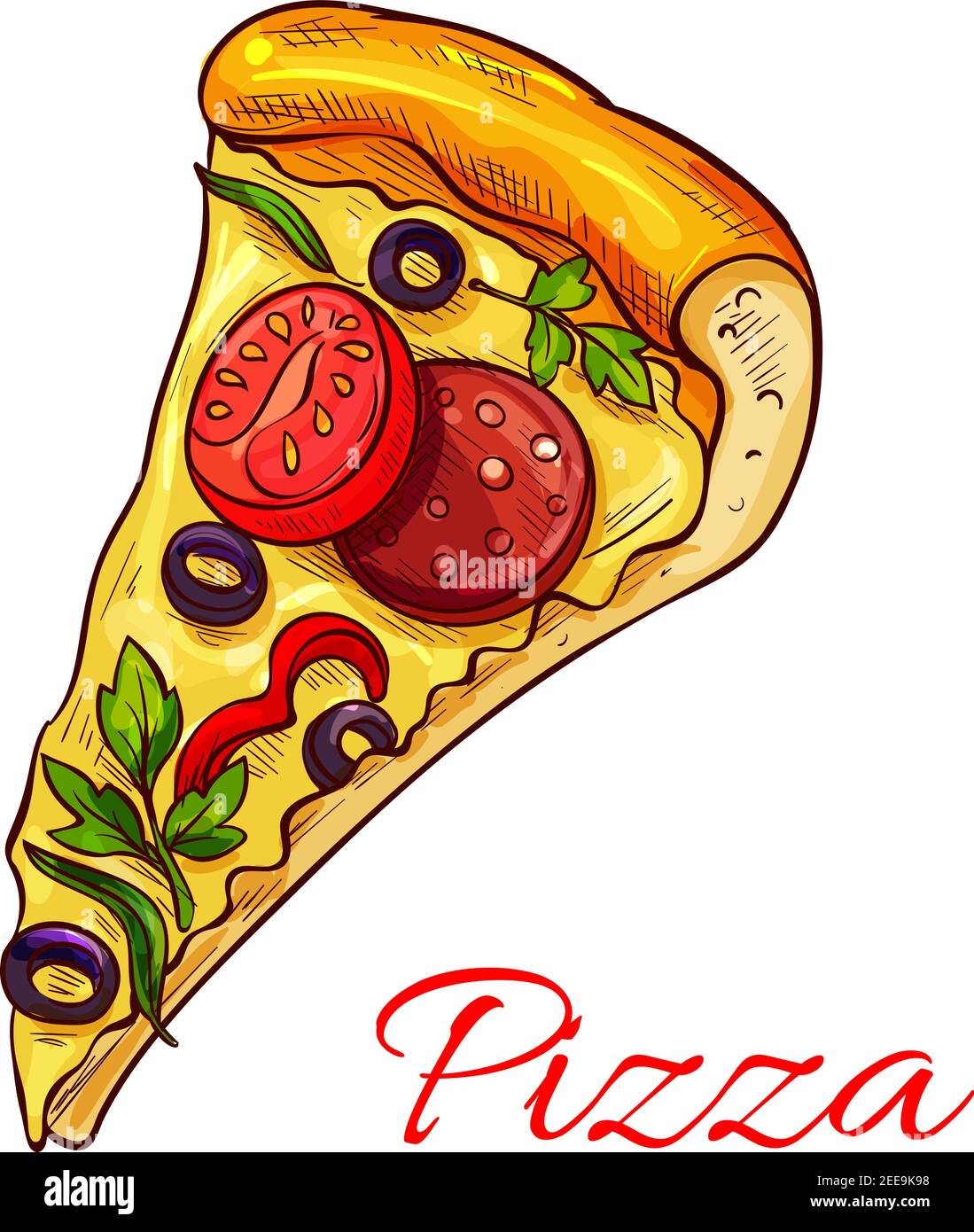 Pizza slice para comida rápida o pizzería restaurante de diseño de menú. Vector pieza de pizza aislada margherita con queso mozzarella, napoletana o capricciosa Ilustración del Vector