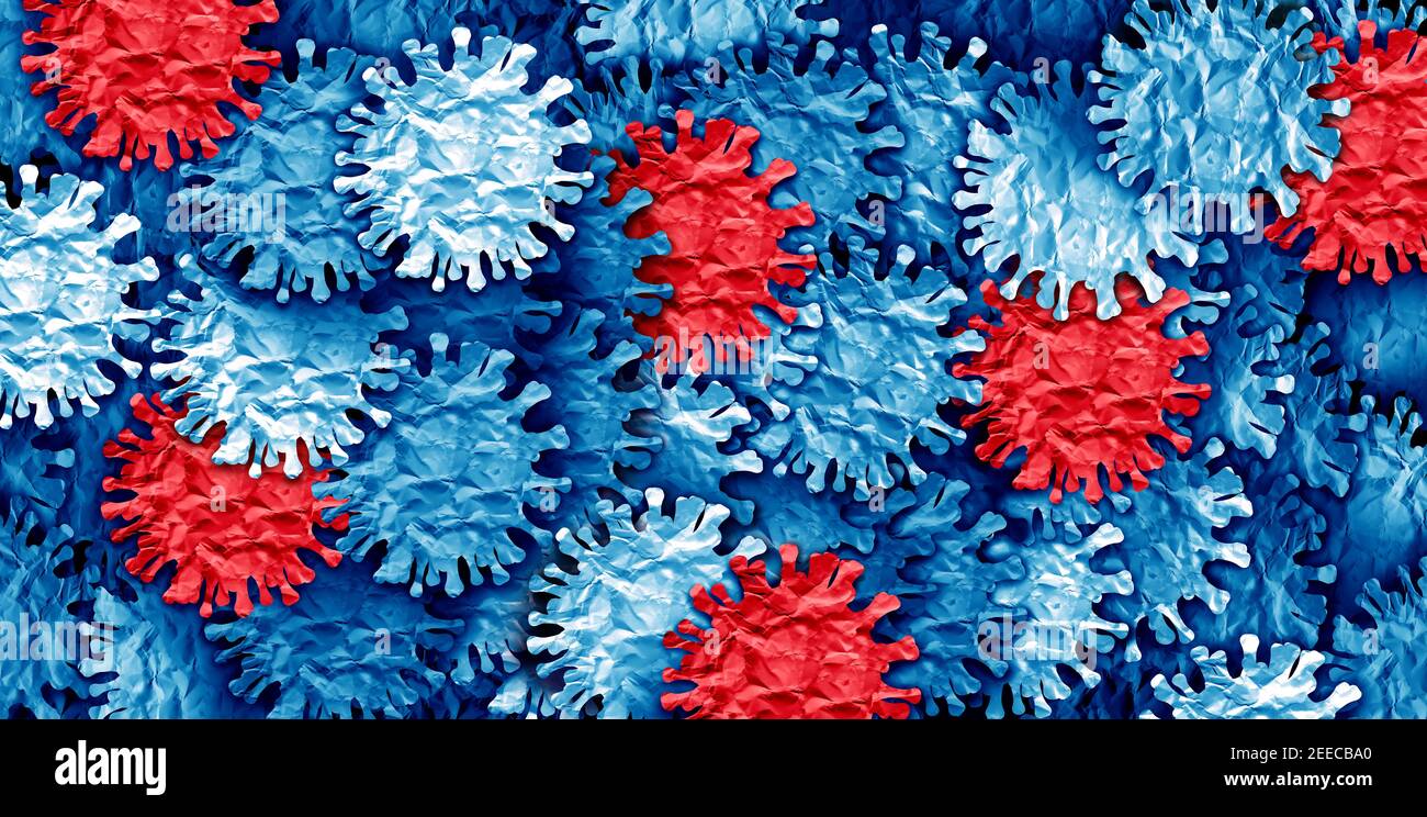 Nuevas variantes del virus brote y la mutación de las células del virus covid-19 se propagan y el fondo de la gripe como cepa peligrosa de la gripe como una pandemia médica. Foto de stock
