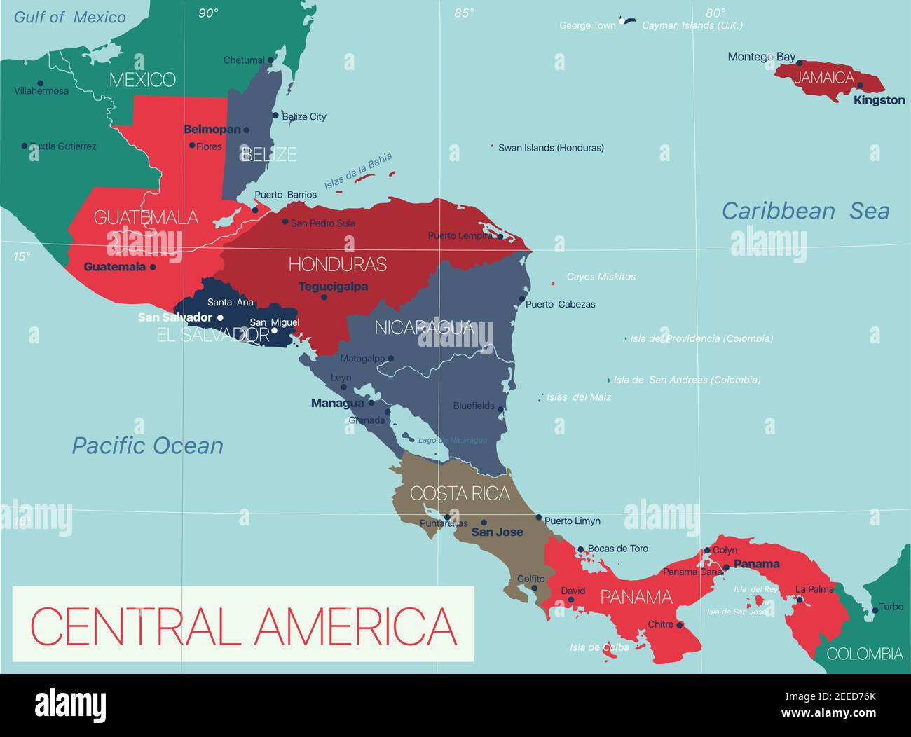 Mapa detallado editable de Centroamérica con países y capitales. Archivo  vectorial EPS-10 Imagen Vector de stock - Alamy