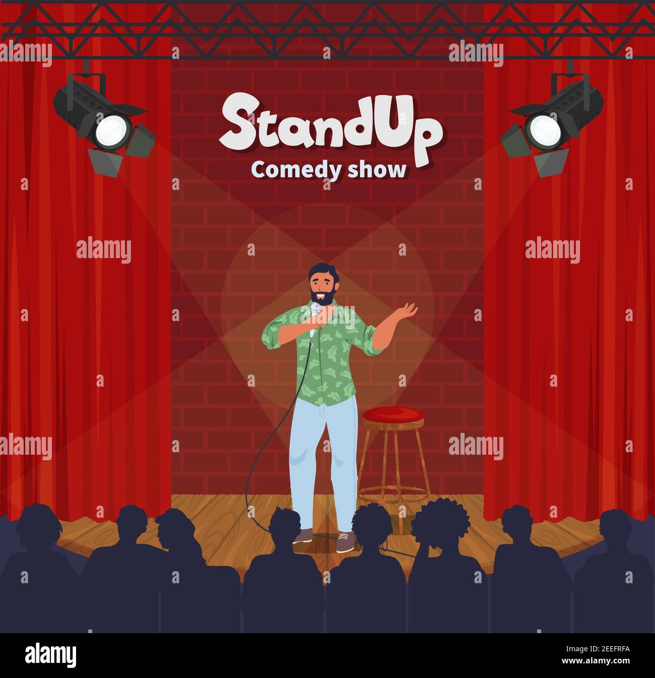 Stand up show de comedia. Cómic masculino contando historias divertidas, bromas delante de la audiencia en vivo, ilustración vectorial plana. Ilustración del Vector