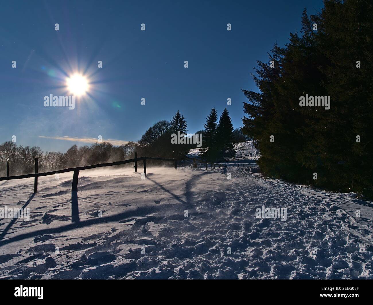 Hermoso paisaje invernal con sendero en la cima del pico Schauinsland en las colinas de la Selva Negra, Alemania con nieve girada por el fuerte viento. Foto de stock