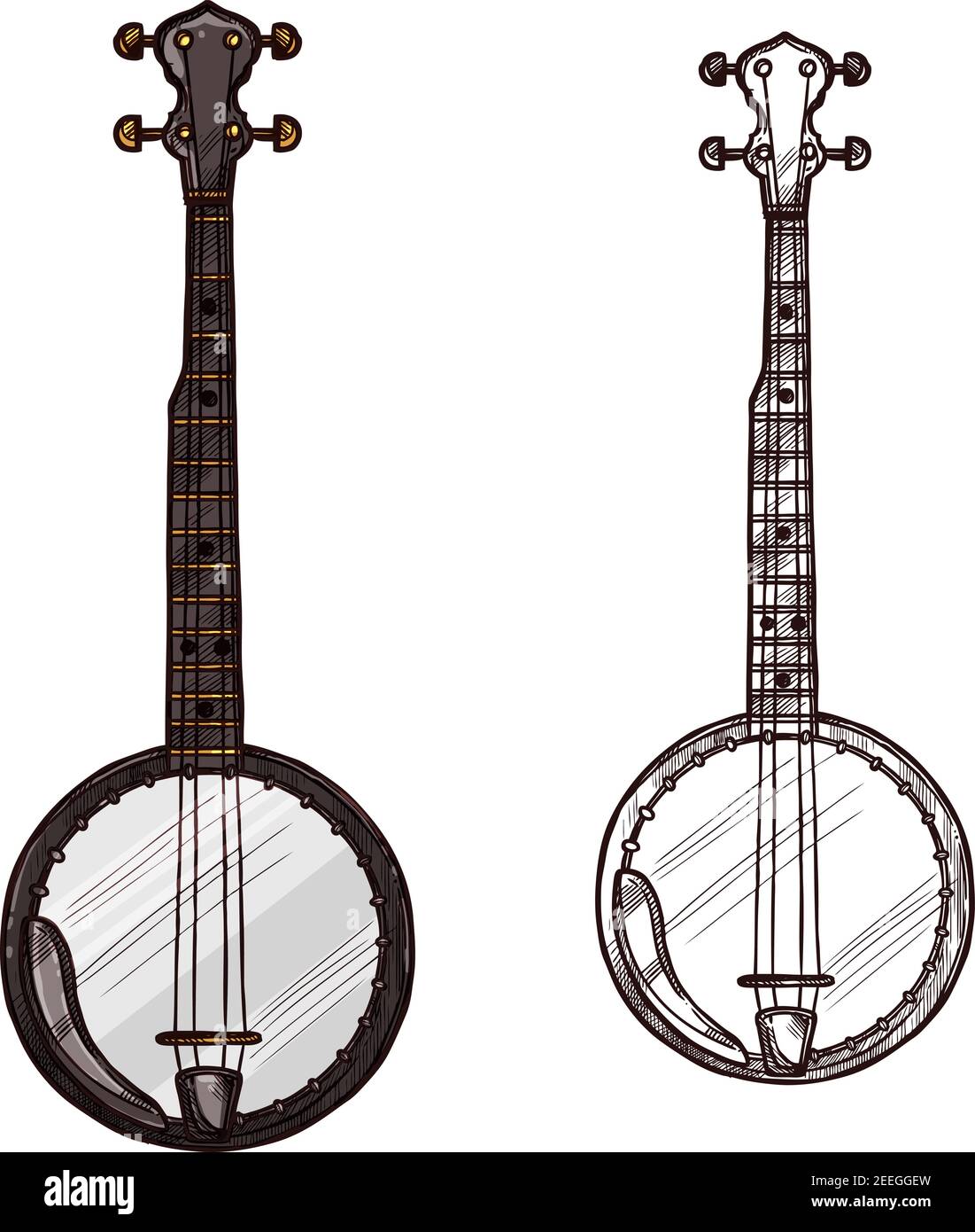 Instrumento musical de cuerda de guitarra banjo. Vector sketch símbolo de  folk o guitarra nacional de tipo pucking con tres cuerdas para música  étnica concierto o Imagen Vector de stock - Alamy