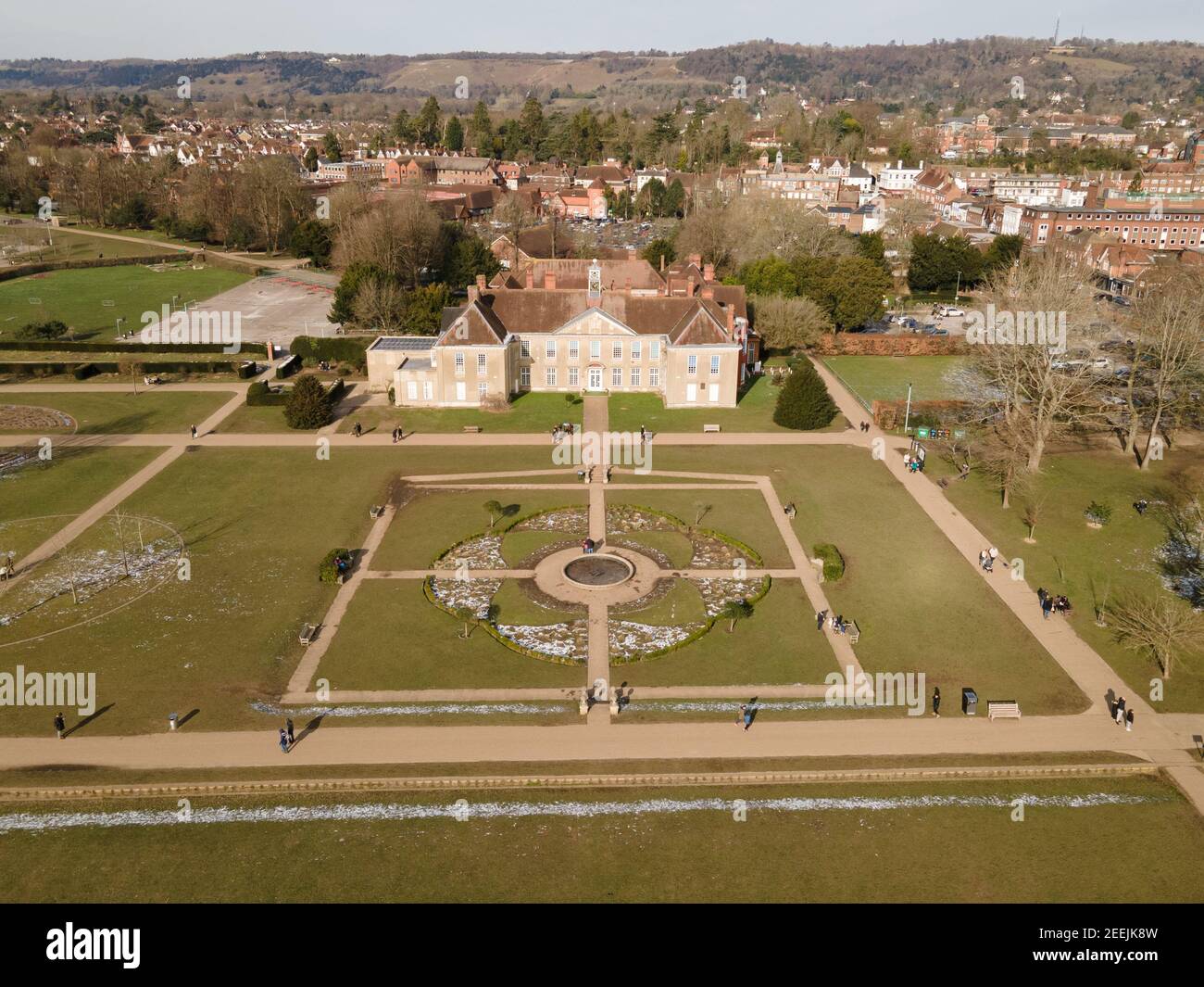 Vista aérea de Priory Park en Reigate, Surrey Reino Unido Foto de stock