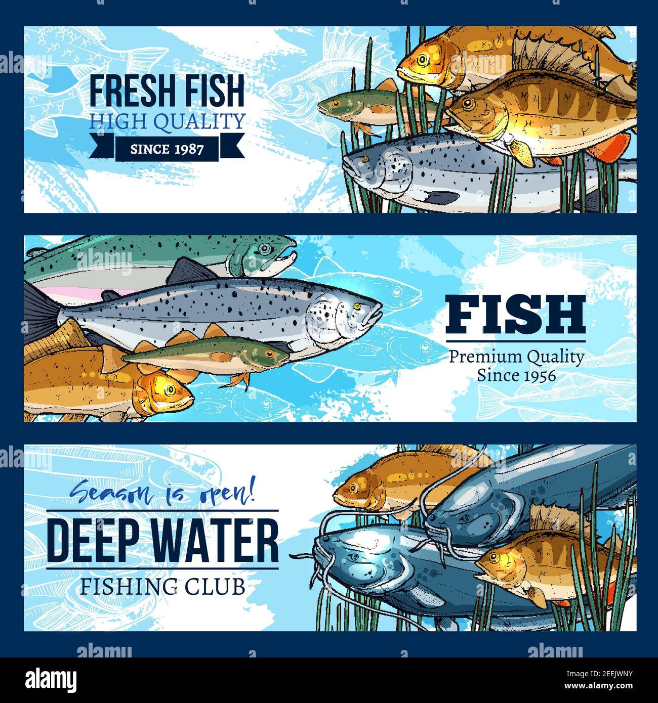 Banner del club de pesca conjunto de pesca de pescado fresco