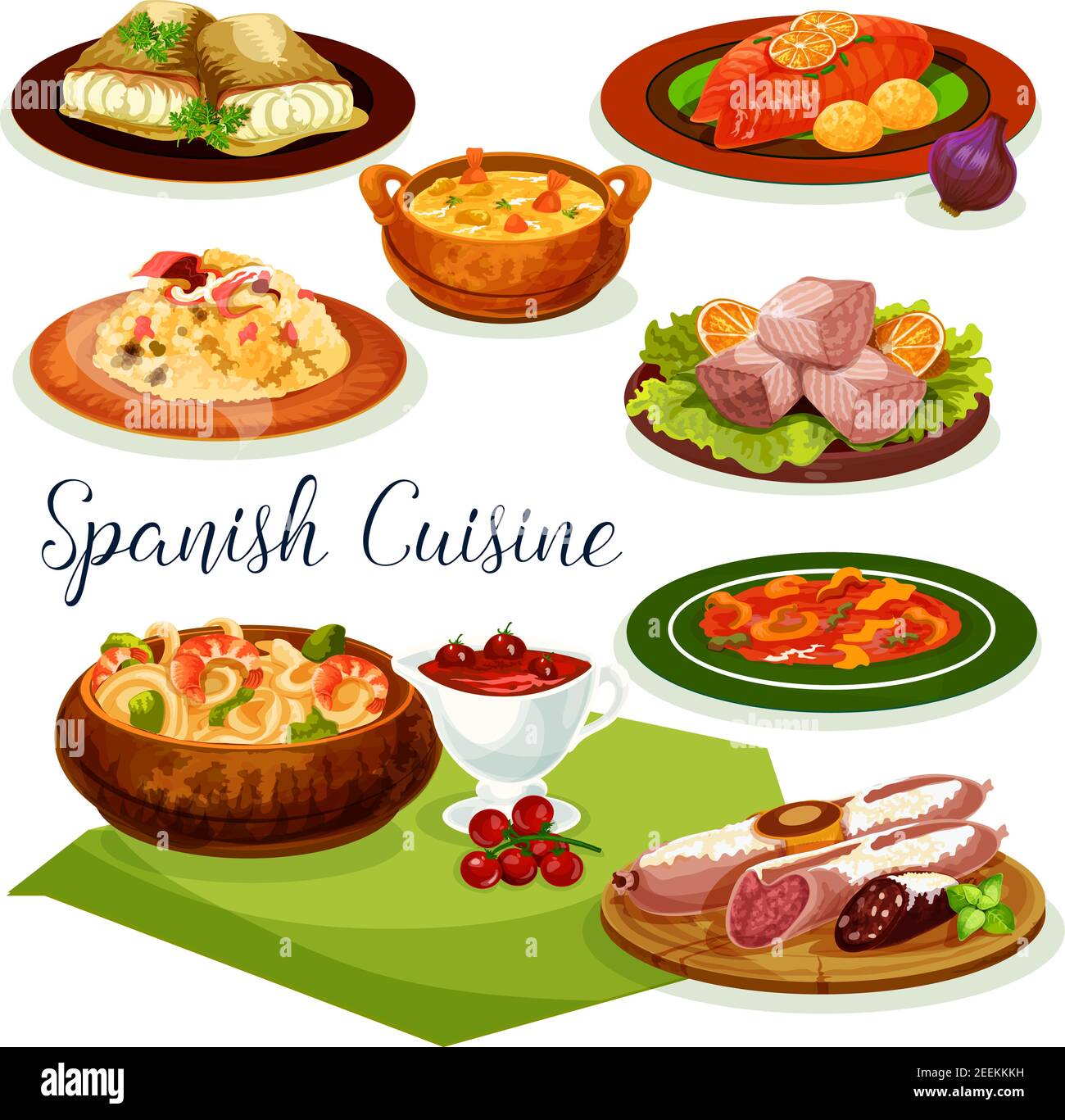 Cocina española menú de cena icono de dibujos animados con salchichas  tradicionales, jamón y chaquete, servido con arroz vegetal, sopa de pescado  y camarones, fideos de mariscos, b Imagen Vector de stock -