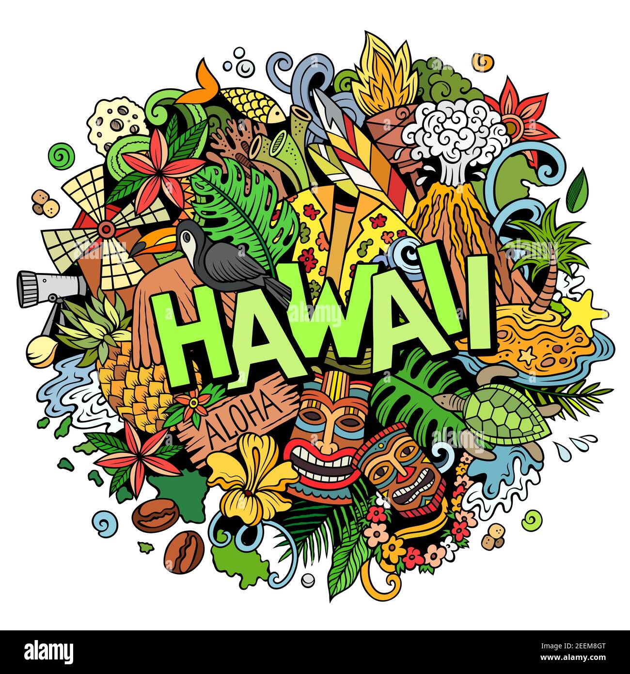 Hawaii dibujo a mano ilustración de fideos de dibujos animados. Divertido  diseño hawaiano Imagen Vector de stock - Alamy
