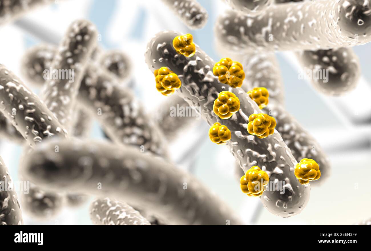 3d ilustración de la imagen microscópica de un virus o célula infecciosa. Microbacterias y organismos bacterianos. Biología y experiencia científica. Foto de stock