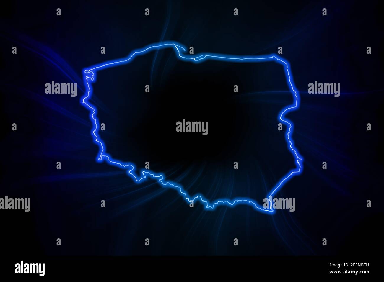 Mapa brillante de Polonia, mapa azul moderno, sobre fondo oscuro Foto de stock