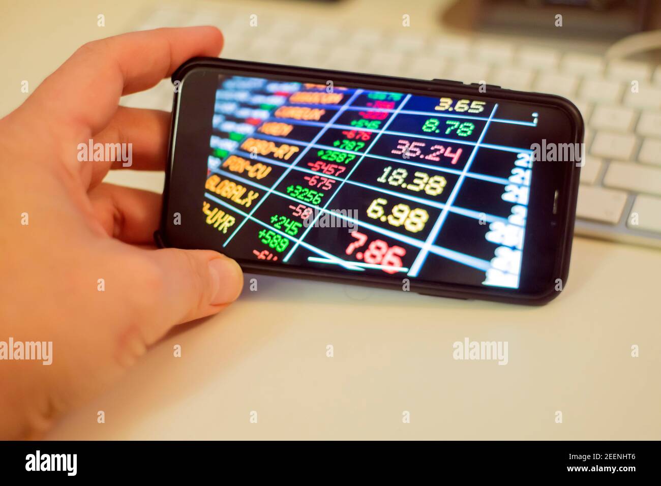 Tecnología empresarial y concepto de mercado de valores: Una mano humana es sostener un teléfono inteligente. En la pantalla hay números de colores que muestran gráficos financieros arriba. Foto de stock