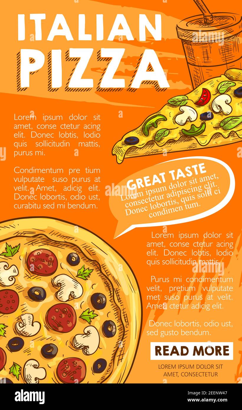 Póster de pizza para el restaurante italiano pizzería margherita o una pizza carbonara con salsa de pimienta, champiñones o queso mozzarella y refrescos dri Ilustración del Vector