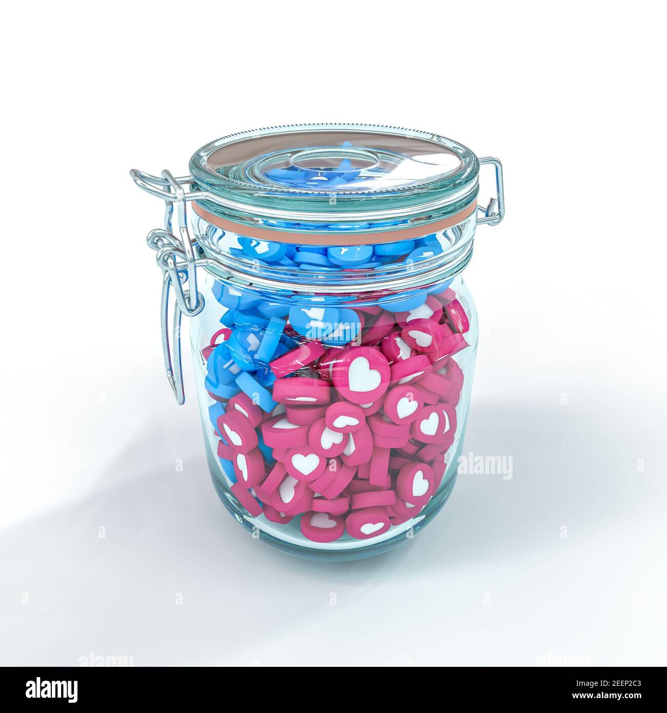 jarra de cristal que contiene iconos y corazones de las redes sociales. renderizar en 3d. Foto de stock
