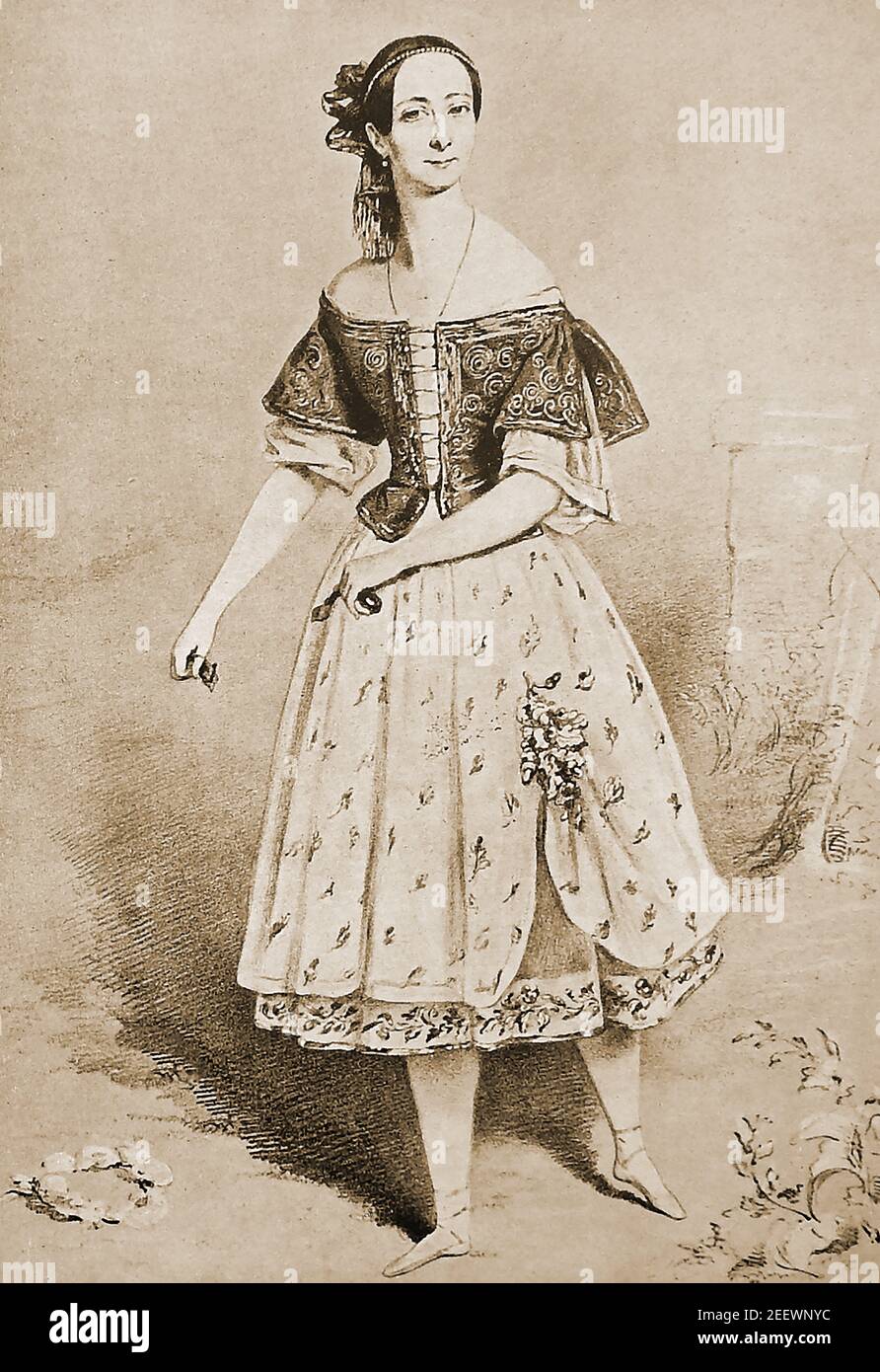 Un retrato completo de Marie Taglioni en el escenario en 'la Gitana' --- Marie Taglioni, Comtesse de Voisins ( 1804 – 1884) fue una bailarina de ballet italiana. Fue una de las bailarinas más célebres de la era del ballet romántico, actuando en el Teatro de su Majestad de Londres y en el Teatro de l'Académie Royale de Musique (Ballet de la Ópera de París). Algunos la acreditan como la primera bailarina en bailar en pointe. Foto de stock