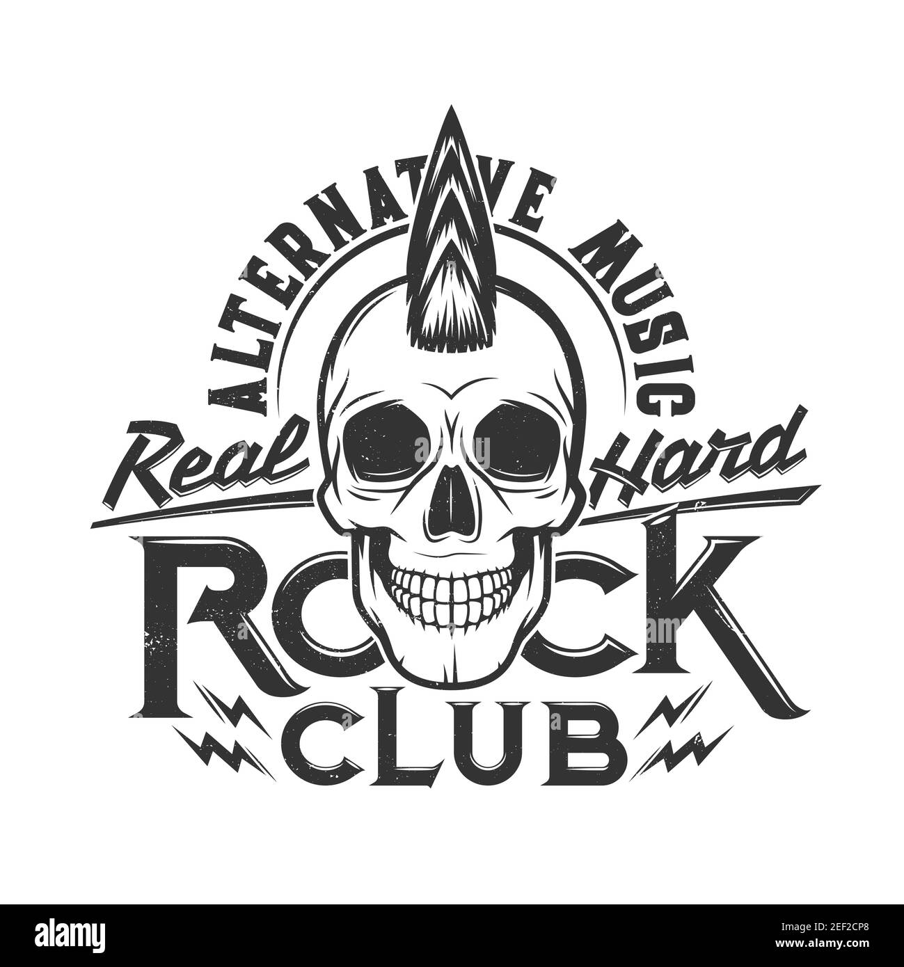 Camiseta con estampado de calavera con peinado punk mascota para el diseño  de la ropa vector. Estampado de camiseta para el club de rock duro con  música alternativa tipográfica. Emblema fo Imagen