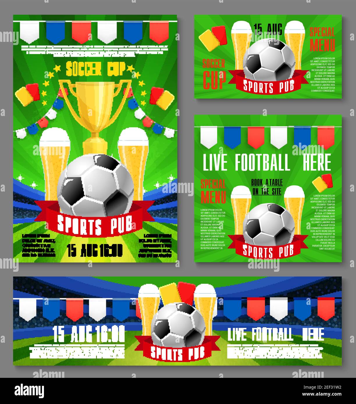 Banner de invitación de pub deportivo para plantilla de evento de  campeonato de fútbol. Balón de fútbol y cerveza en el campo de fútbol con  bandera de cinta, bandera y Imagen Vector