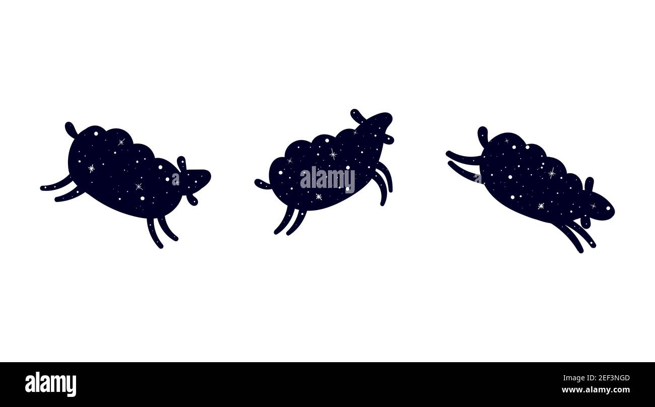 Silueta oscura de una oveja. Tres ovejas saltando. Ilustración del Vector