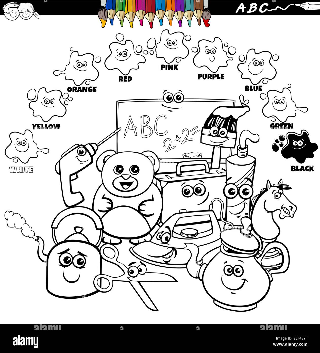 https://c8.alamy.com/compes/2ef48yf/dibujo-de-dibujos-animados-educativos-en-blanco-y-negro-de-colores-basicos-para-los-ninos-con-objetos-comics-grupo-colorear-libro-pagina-2ef48yf.jpg