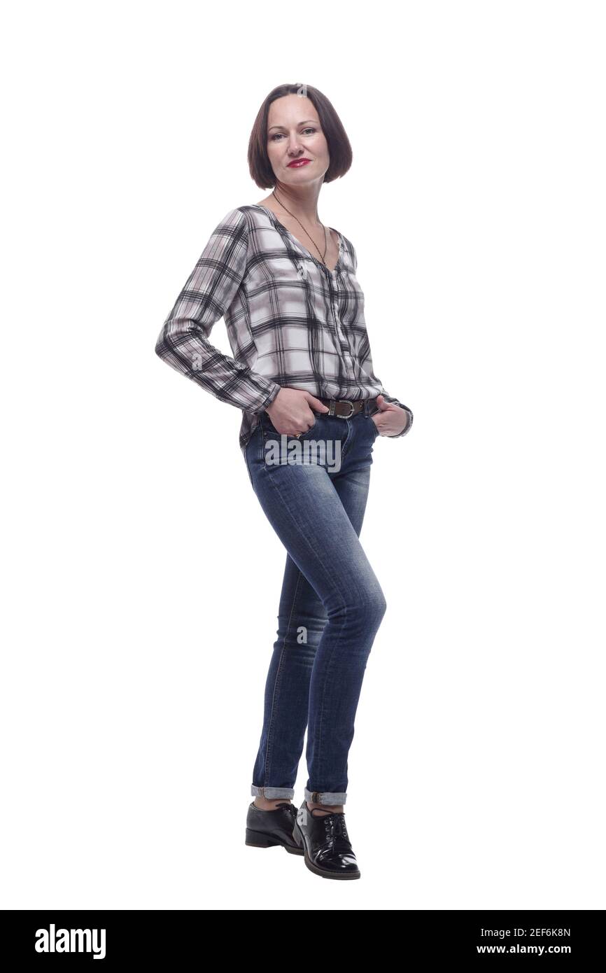 mujer atractiva en jeans y una camisa de cuadros Fotografía de stock - Alamy