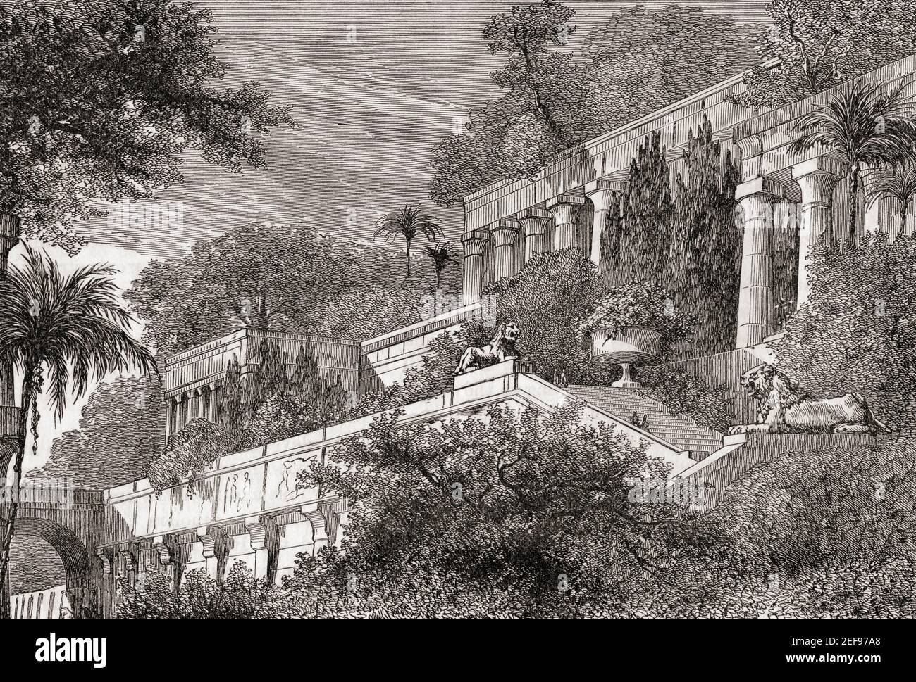 Los Jardines Colgantes de la antigua Babilonia. De la Historia Universal de Cassell, publicada en 1888. Foto de stock