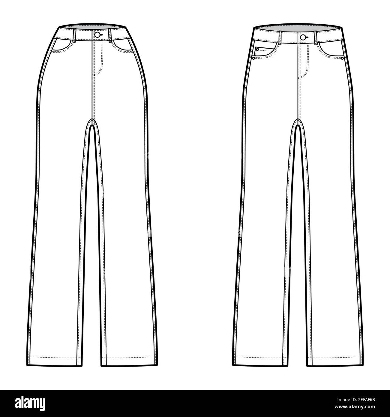 Conjunto de jeans pantalones vaqueros ilustración técnica de moda con  longitud completa, cintura baja normal, talle alto, 5 bolsillos, remaches.  Plantilla de fondo plano frontal, estilo de color blanco. Mujeres, hombres,  unisex