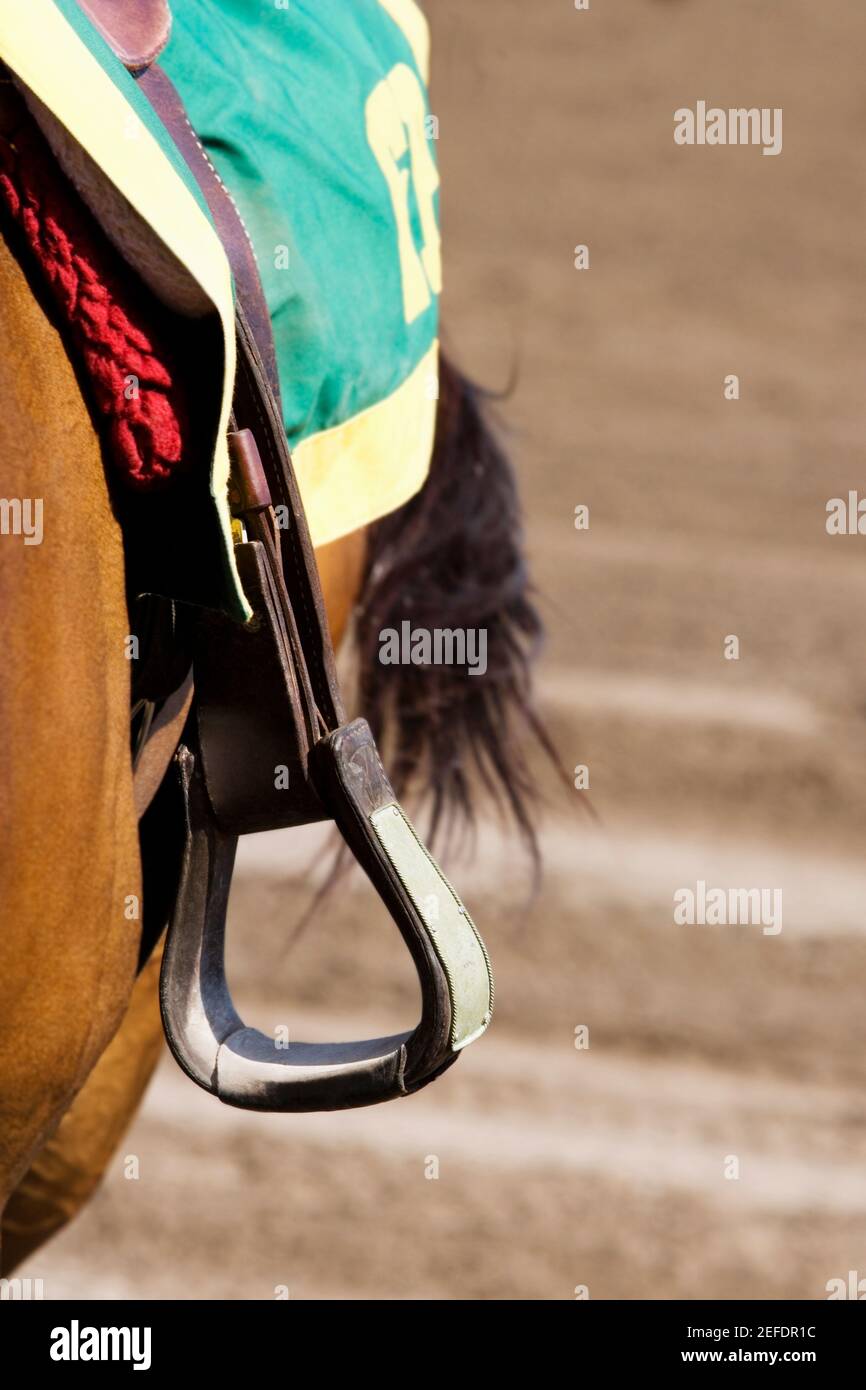 Close-up de un estribo en un caballo Foto de stock