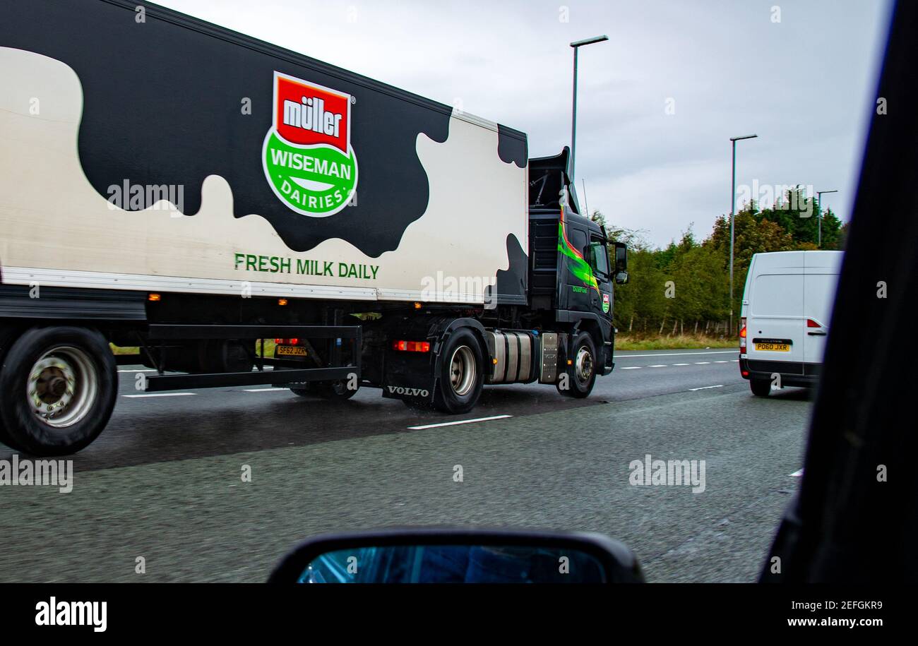 Un camión diario de lechería Muller Wiseman en la autopista M6, Knutsford, Cheshire. REINO UNIDO Foto de stock