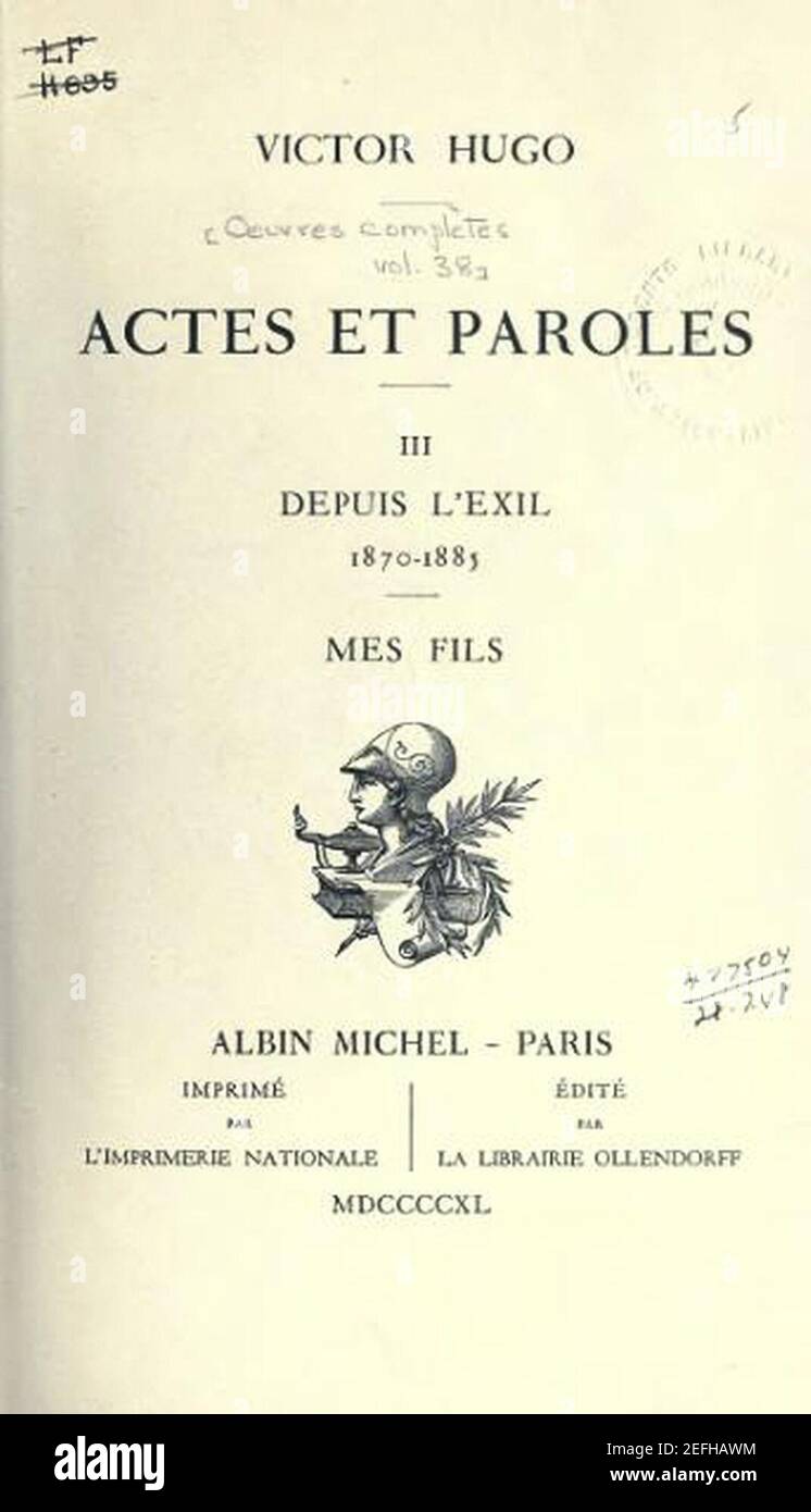 Oeuvres complètes de Victor Hugo. Actes et paroles 1. Foto de stock