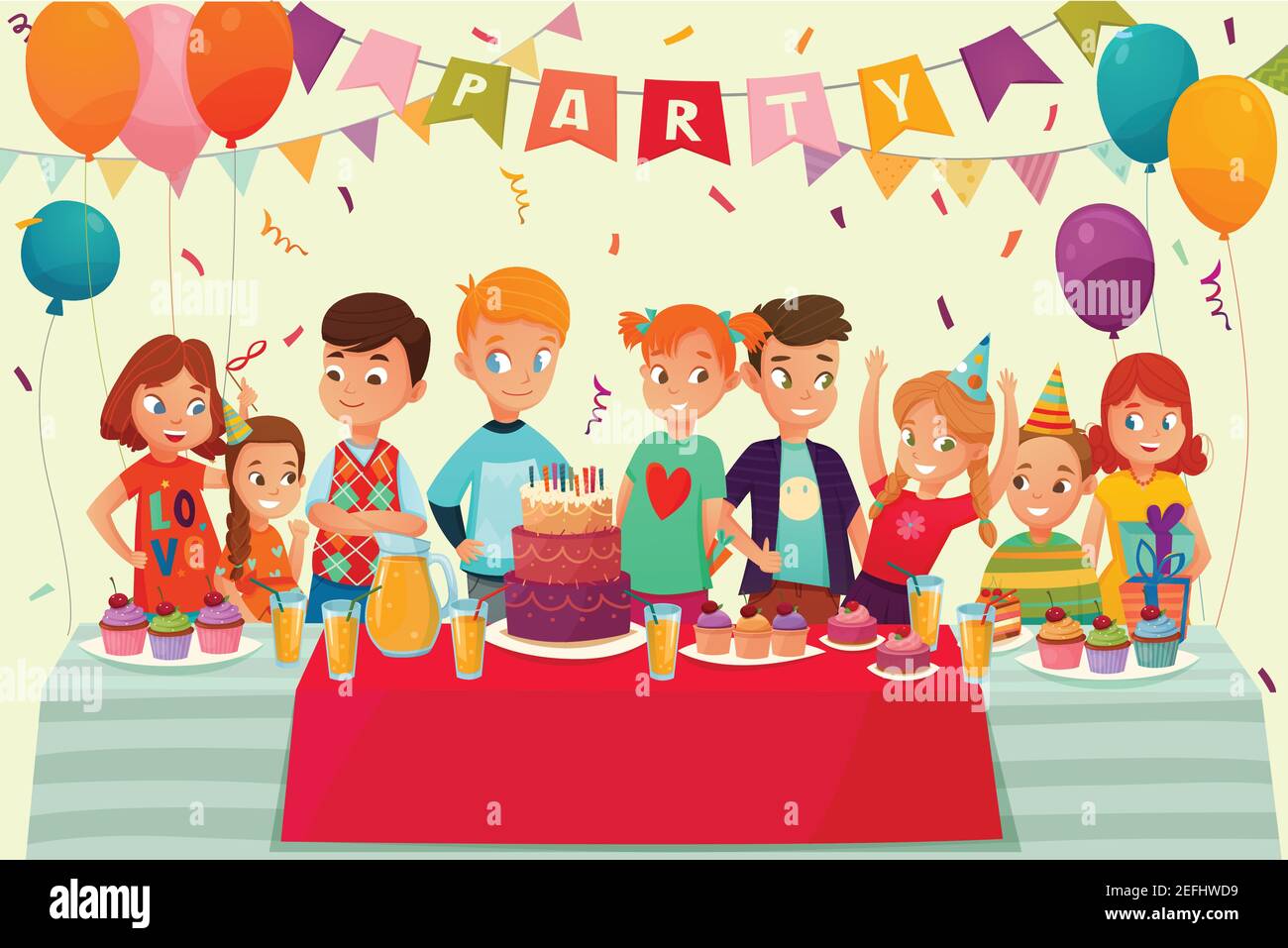 Póster de la fiesta de los niños de dibujos animados con dulces de mesa  grandes y regalos en la celebración del cumpleaños ilustración vectorial  Imagen Vector de stock - Alamy