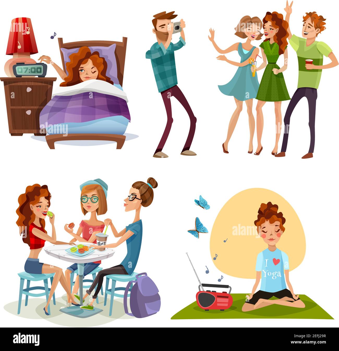 Mujer joven día libre sin trabajo con amigos y yoga para energy boost 4  iconos de dibujos animados ilustración vectorial Imagen Vector de stock -  Alamy