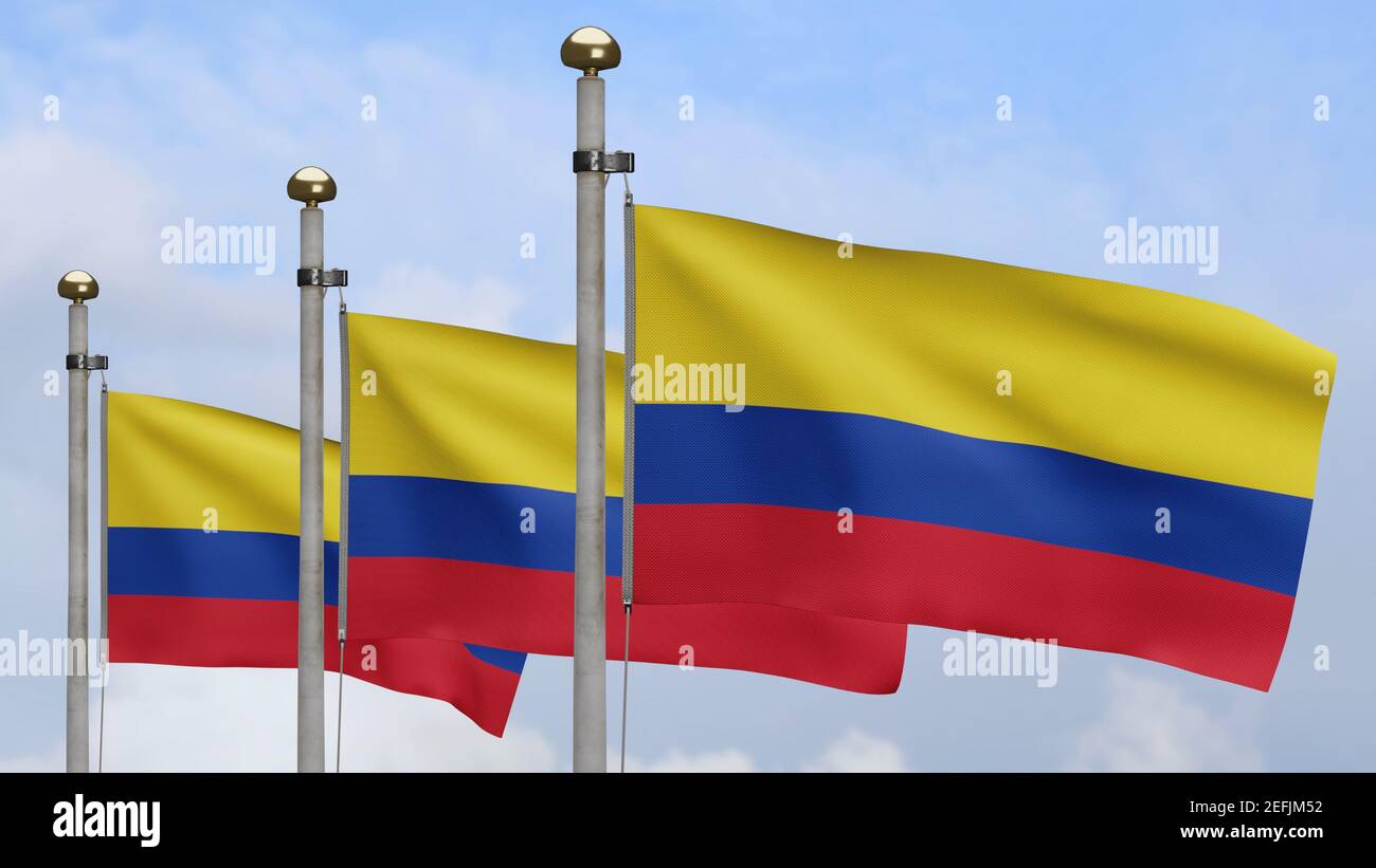 Ilustración 3D bandera colombiana que ondea en el viento. Primer plano