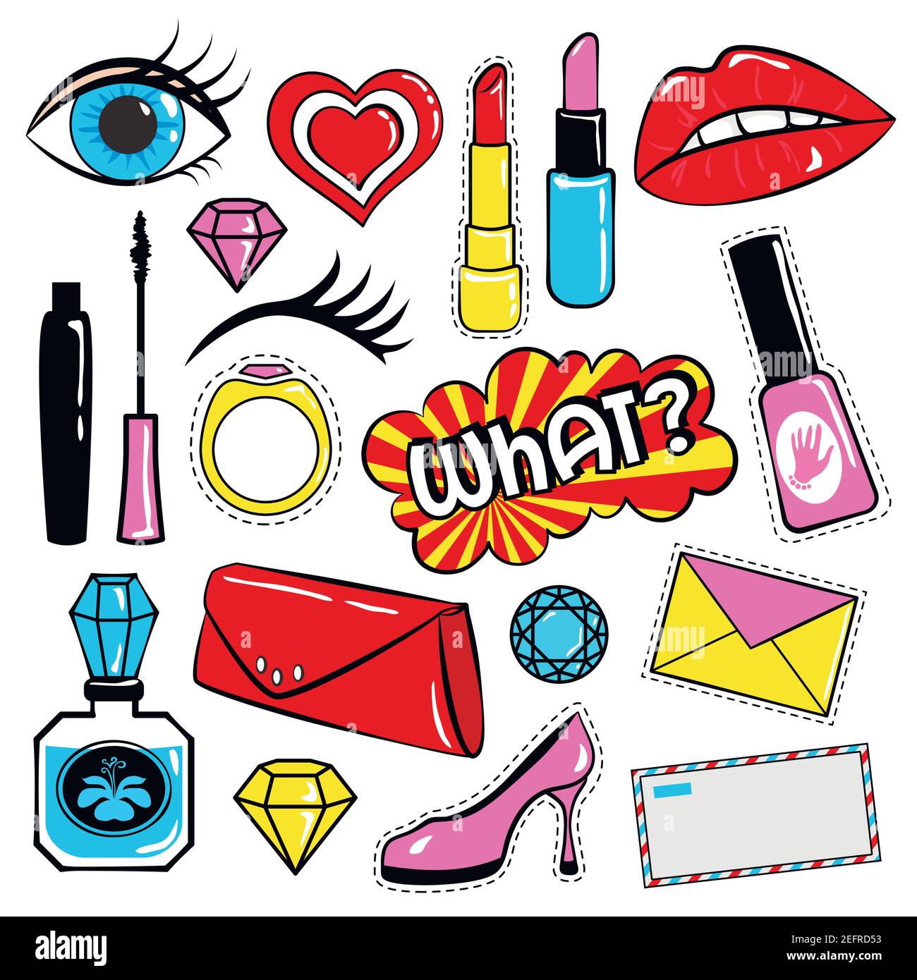 Colección de pegatinas e insignias en estilo cómico de los años 80, como labios, corazón, burbujas del habla, cosméticos y otros elementos. Ilustración vectorial aislada Ilustración del Vector