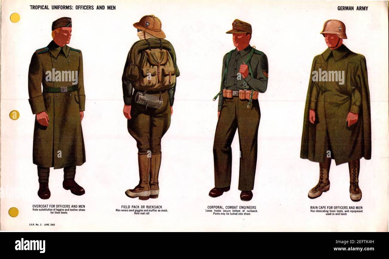 ONI JAN 1 Uniforms and Insignia Página 011 Ejército Alemán WW2 uniformes  tropicales. Oficiales y hombres. Mediterranen Afrika Korps. Abrigo, mochila  de campo, pantalones, capa de lluvia, silenciador, botas de lino, leggins.