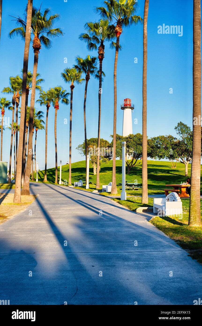 Parque con un paseo que conduce a un faro, Long Beach, California Foto de stock